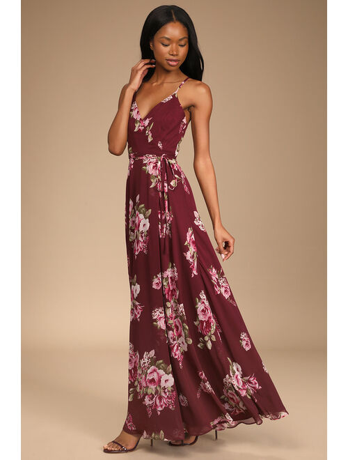 Lulus Elegantly Inclined Navy Blue Floral Print Wrap Maxi Dress