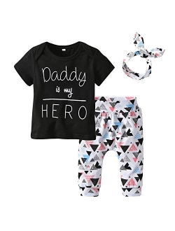 Derouetkia Baby Girls 3Pcs Outfit Set Letters T-Shirt Tops Pants with Headband