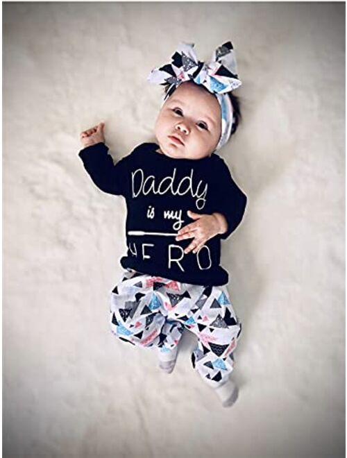 Derouetkia Baby Girls 3Pcs Outfit Set Letters T-Shirt Tops Pants with Headband