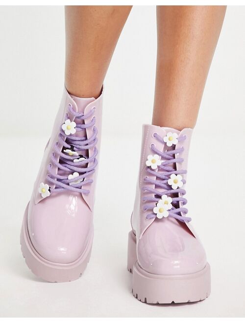 ASOS DESIGN Greenery daisy lace up wellie boots in lilac