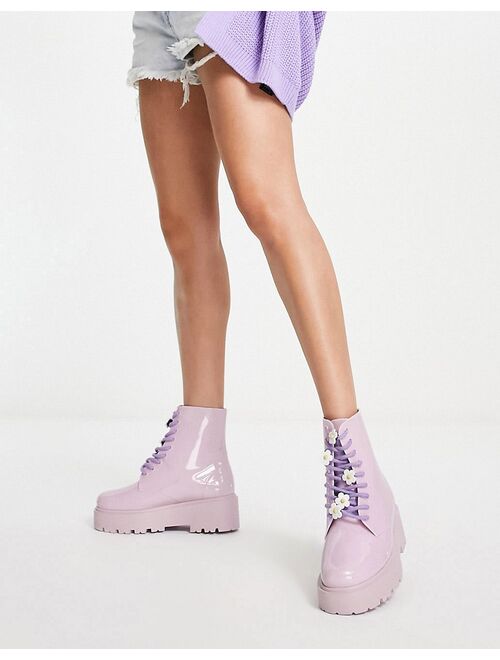 ASOS DESIGN Greenery daisy lace up wellie boots in lilac