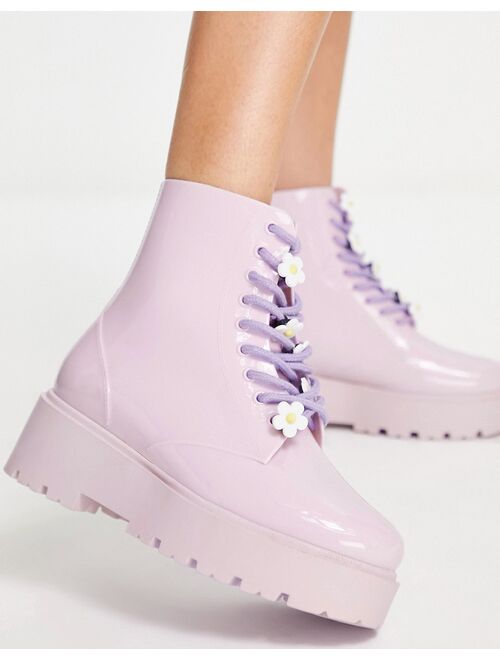 ASOS DESIGN Greenery daisy lace up wellie boots in lilac