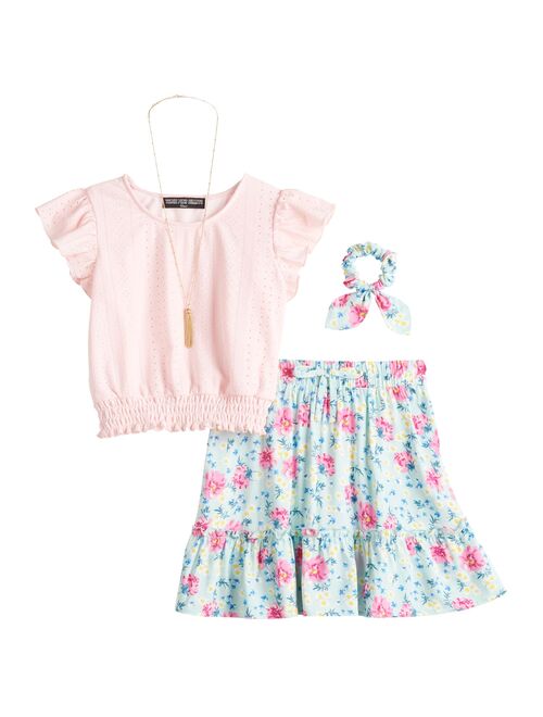 Girls 7-16 Three Pink Hearts Eyelet Top & Challis Floral Skirt Set in Regular & Plus