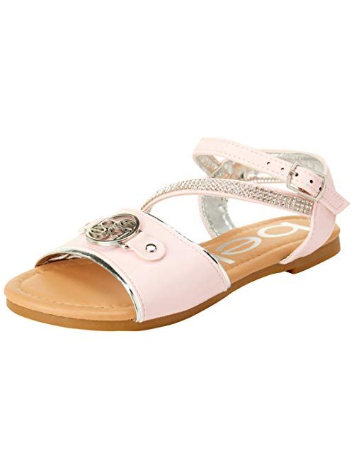 bebe Girls' Sandals - Strappy Rhinestone Studded Leatherette Sandals with Medallion (Little Kid/Big Kid)