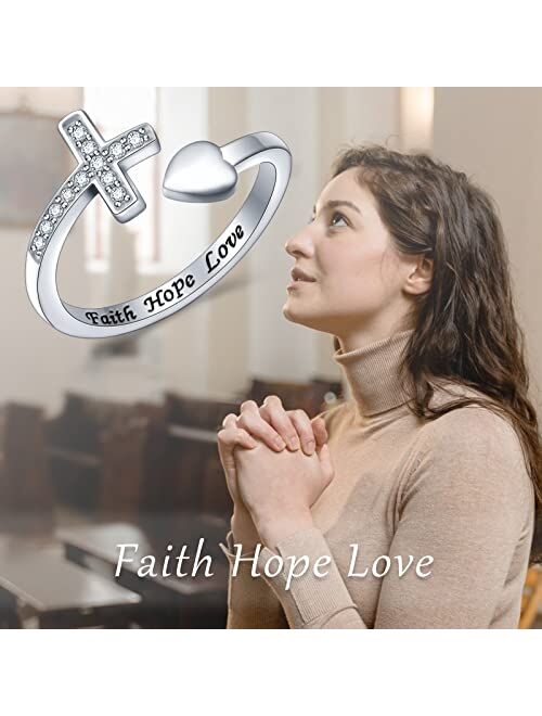 Yearace Cross Rings 925 Sterling Silver CZ Adjustable Faith Hope Love Cross Open Ring for Women Men Sideways Cross Christian Religious Stackable Ring