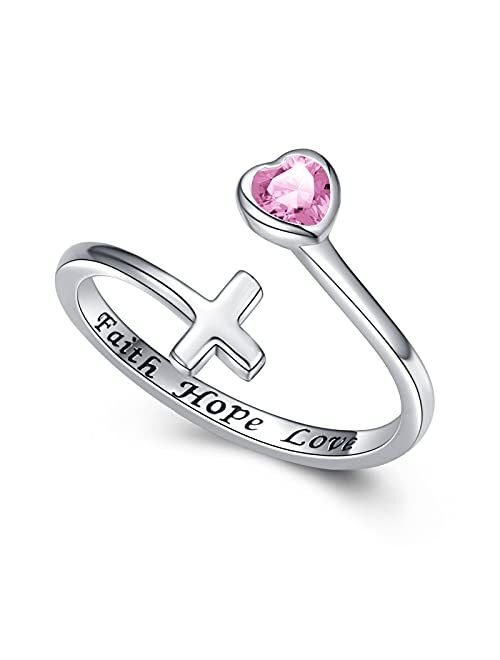 Manbu Faith Hope Love Ring for Women - 925 Sterling Silver Cross Adjustable Wrap Ring Inspirational Jewelry Gift for Girlfriend Teen Ladies