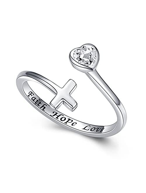 Manbu Faith Hope Love Ring for Women - 925 Sterling Silver Cross Adjustable Wrap Ring Inspirational Jewelry Gift for Girlfriend Teen Ladies