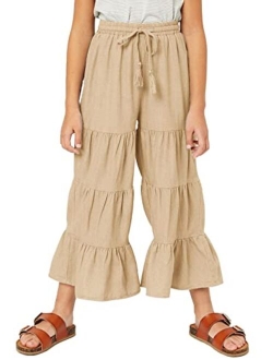 GAMISOTE Girls Wide Leg Pants High Waisted Drawstring Cotton Ruffle Flare Trouser