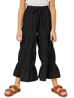 GAMISOTE Girls Wide Leg Pants High Waisted Drawstring Cotton Ruffle Flare Trouser