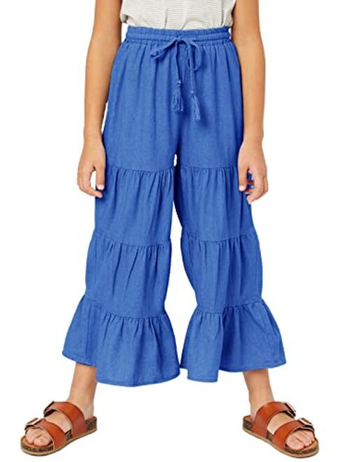 GAMISOTE Girls Wide Leg Pants High Waisted Drawstring Cotton Ruffle Flare Trouser