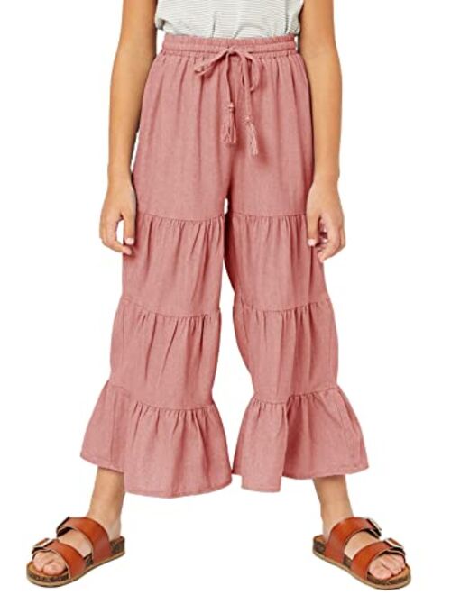 GAMISOTE Girls Wide Leg Pants High Waisted Drawstring Cotton Ruffle Flare Trouser