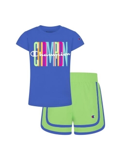 Little Girls Graphic Short Sleeve T-shirt and Woven Shorts Set, 2 Piece