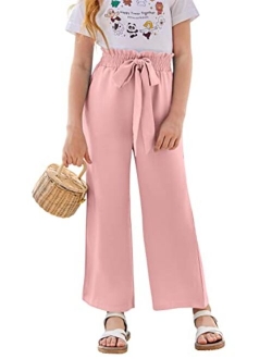 SySea Girls Wide Leg Pants Kids Cute Print High Waisted Loose Fit Comfy Belted Lounge Trouslers with Pockets