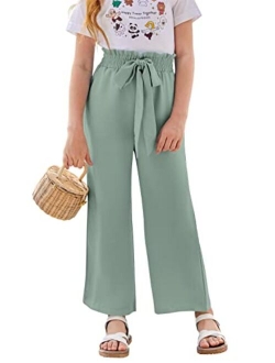 SySea Girls Wide Leg Pants Kids Cute Print High Waisted Loose Fit Comfy Belted Lounge Trouslers with Pockets