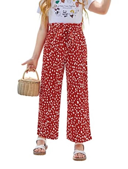 SySea Girls Wide Leg Pants Kids Cute Print High Waisted Loose Fit Comfy Belted Lounge Trouslers with Pockets