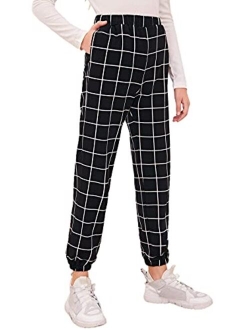 Girl's Casual Elastic High Waisted Plaid Pants with Pockets