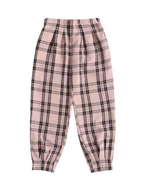 SOLY HUX Girl's Casual Elastic High Waisted Plaid Pants with Pockets