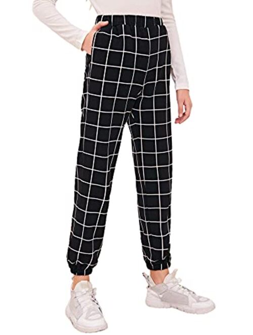 SOLY HUX Girl's Casual Elastic High Waisted Plaid Pants with Pockets