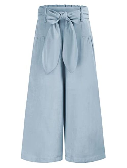 Danna Belle Girls Wide Leg Palazzo Pants Denim Jeans Paperbag Waist Belted Pant with Pockets