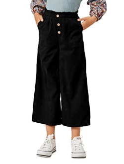 Beautife Kids Girls Pant Loose Elastic Ruffle Waist Straight Wide Leg Long Casual Trousers with Pockets