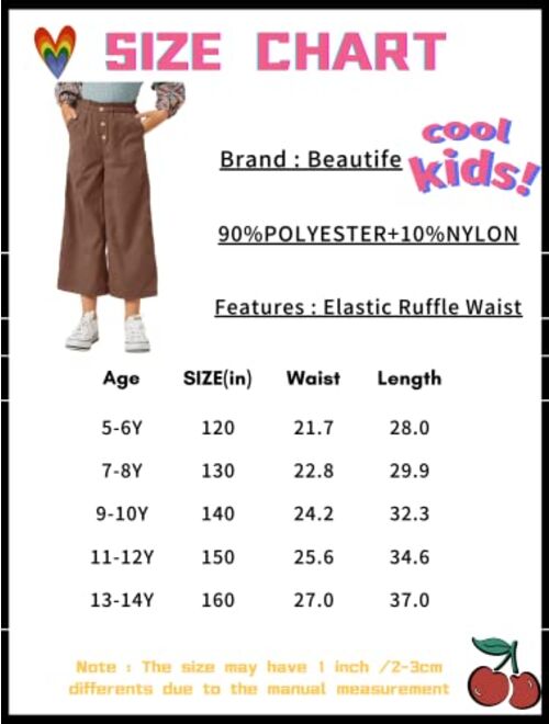 Beautife Kids Girls Pant Loose Elastic Ruffle Waist Straight Wide Leg Long Casual Trousers with Pockets