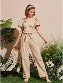 Teen Girls Puff Sleeve Shirred Back Ruched Top & Paperbag Waist Belted Pants Set