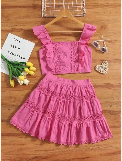 SHEIN Teen Girls Ruffle Trim Lace Insert Top & Skirt Set