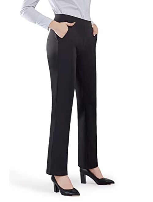 Bamans Womens Dress Pants Straight Leg Pull-On Business Casual Stretch Pants with Slant Pockets