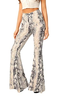 Women's Snakeskin High Waist Casual Flare Bell Bottom Stretch Long Pants