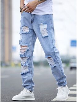 Men Ripped Frayed Cut Out Jeans