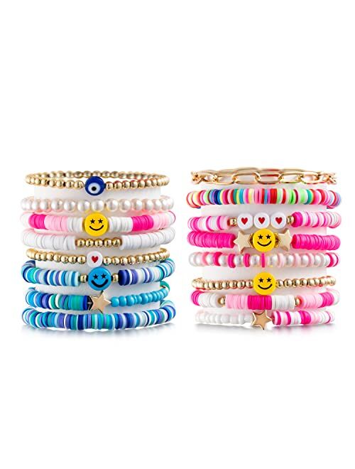 LieToi Preppy Heishi Bracelets Set Colorful White Gold Smile Heart Star Evil Eye Beaded Polymer Clay Pearl Stackable Charm Y2K Kidcore Summer Beach Bohemian Layering Brac