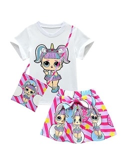 Bololoc Girls Birthday Clothes Cartoon Short Sleeve Shirt Skirt Set Princess Party Outfit for Girl Gift 2-8Years