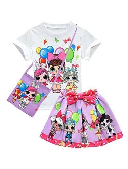 Bololoc Girls Birthday Clothes Cartoon Short Sleeve Shirt Skirt Set Princess Party Outfit for Girl Gift 2-8Years