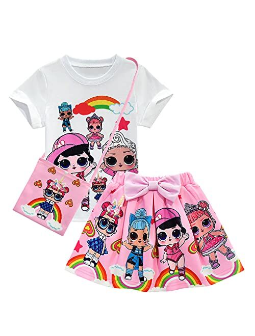 Bololoc Girls Birthday Clothes Cartoon Short Sleeve Shirt Skirt Set Princess Party Outfit for Girl Gift 2-8Years