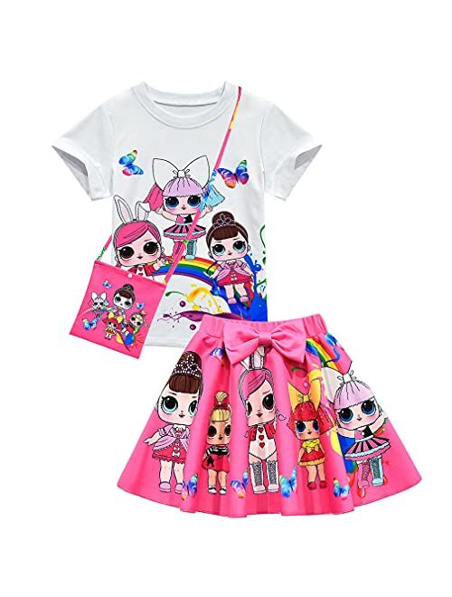 Bololoc Girls Birthday Clothes Cartoon Short Sleeve Shirt Skirt Set Princess Party Outfit for Girl Gift 2-8Years