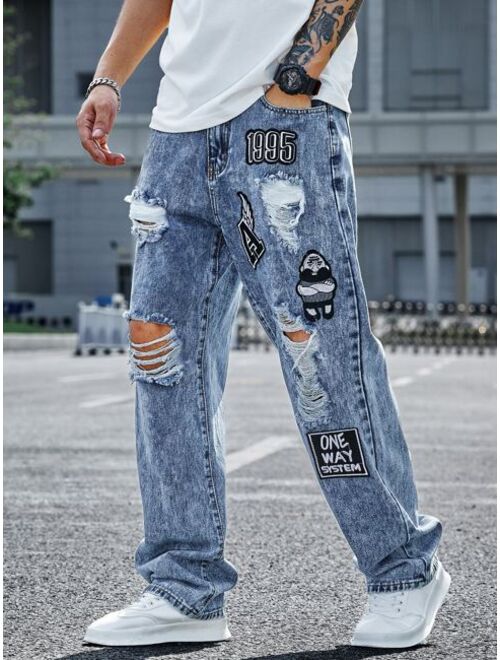 Shein Men Cartoon Letter Patched Ripped Jeans