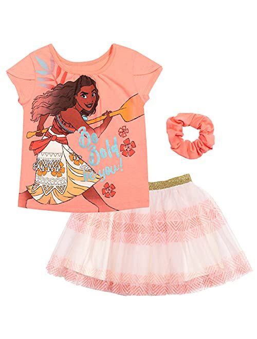 Disney Princess Rapunzel Belle Cinderella Girls 3 Piece Outfit Set: Graphic T-Shirt Mesh Skirt Scrunchie Toddler to Big Kid