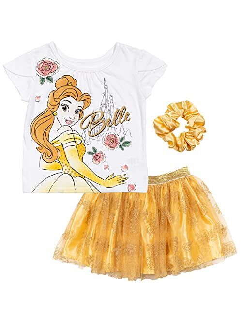 Disney Princess Rapunzel Belle Cinderella Girls 3 Piece Outfit Set: Graphic T-Shirt Mesh Skirt Scrunchie Toddler to Big Kid