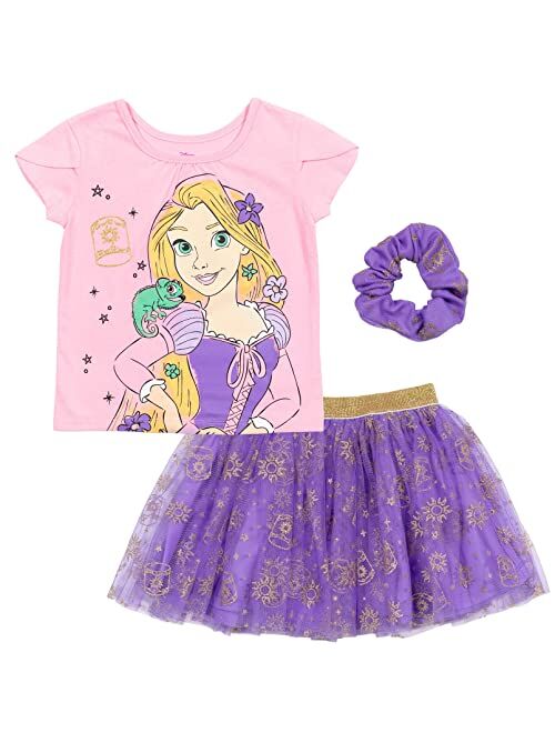 Disney Princess Rapunzel Belle Cinderella Girls 3 Piece Outfit Set: Graphic T-Shirt Mesh Skirt Scrunchie Toddler to Big Kid