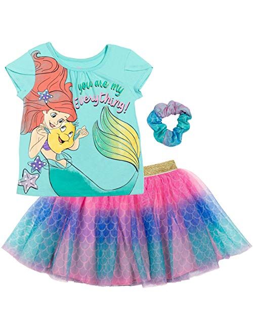 Disney Princess Rapunzel Belle Cinderella Girls 3 Piece Outfit Set: Graphic T-Shirt Mesh Skirt Scrunchie Toddler to Big Kid