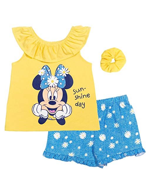 Disney Minnie Mouse Girls 3 Piece Outfit Set: Crossover Tank Top French Terry Shorts Scrunchie Infant to Big Kid