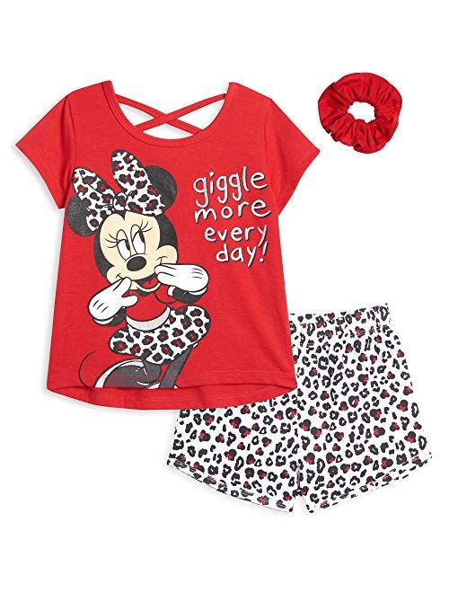 Disney Minnie Mouse Girls 3 Piece Outfit Set: Crossover Tank Top French Terry Shorts Scrunchie Infant to Big Kid