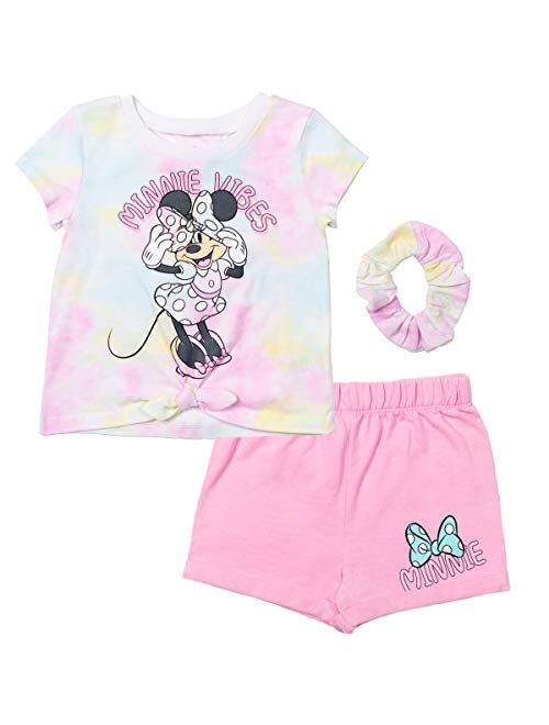 Disney Minnie Mouse Girls 3 Piece Outfit Set: Crossover Tank Top French Terry Shorts Scrunchie Infant to Big Kid