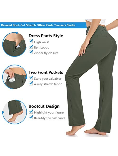 HISKYWIN Women Yoga Dress Pants Stretchy Work Pants Straightleg/Bootcut Office Slacks with Pockets for Business Casual Petite