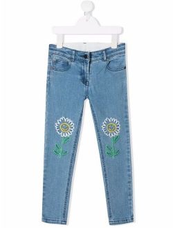 Kids floral-embroidered slim-fit jeans
