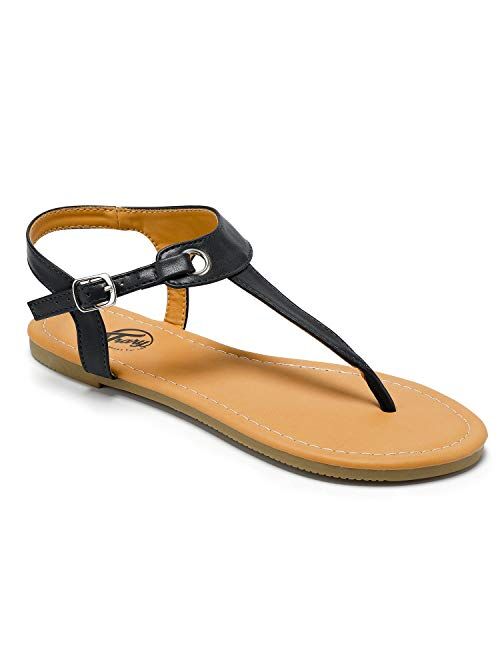 Trary Thong Sandals with T-Strap Open Toe Ankle Buckle Flat Sandal for Women