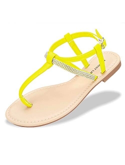 HARVEST LAND Womens T Strap Sandals Fashion Rhinestone Flat Sandal with Ankle Strap for Ladies Summers Dress Sandals Casual Woman Flip Flops Beach