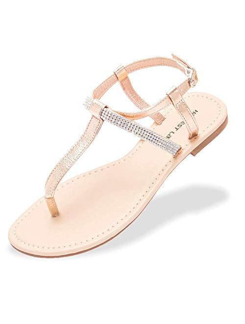 HARVEST LAND Womens T Strap Sandals Fashion Rhinestone Flat Sandal with Ankle Strap for Ladies Summers Dress Sandals Casual Woman Flip Flops Beach