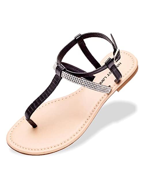 HARVEST LAND Womens T Strap Sandals Fashion Rhinestone Flat Sandal with Ankle Strap for Ladies Summers Dress Sandals Casual Woman Flip Flops Beach