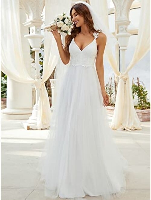 Ever-Pretty Open Back V Neck A-line Lace Bodice Tulle Wedding Dress for Women 0216